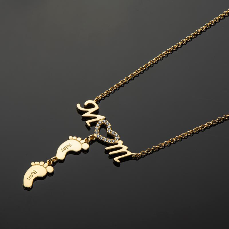 Mother Necklace with 2 Baby Feet Pendants Engraved 2 Names Mom Necklace Rose Gift Set