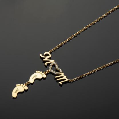 Mother Necklace with 2 Baby Feet Pendants Engraved 2 Names Mom Necklace Rose Gift Set
