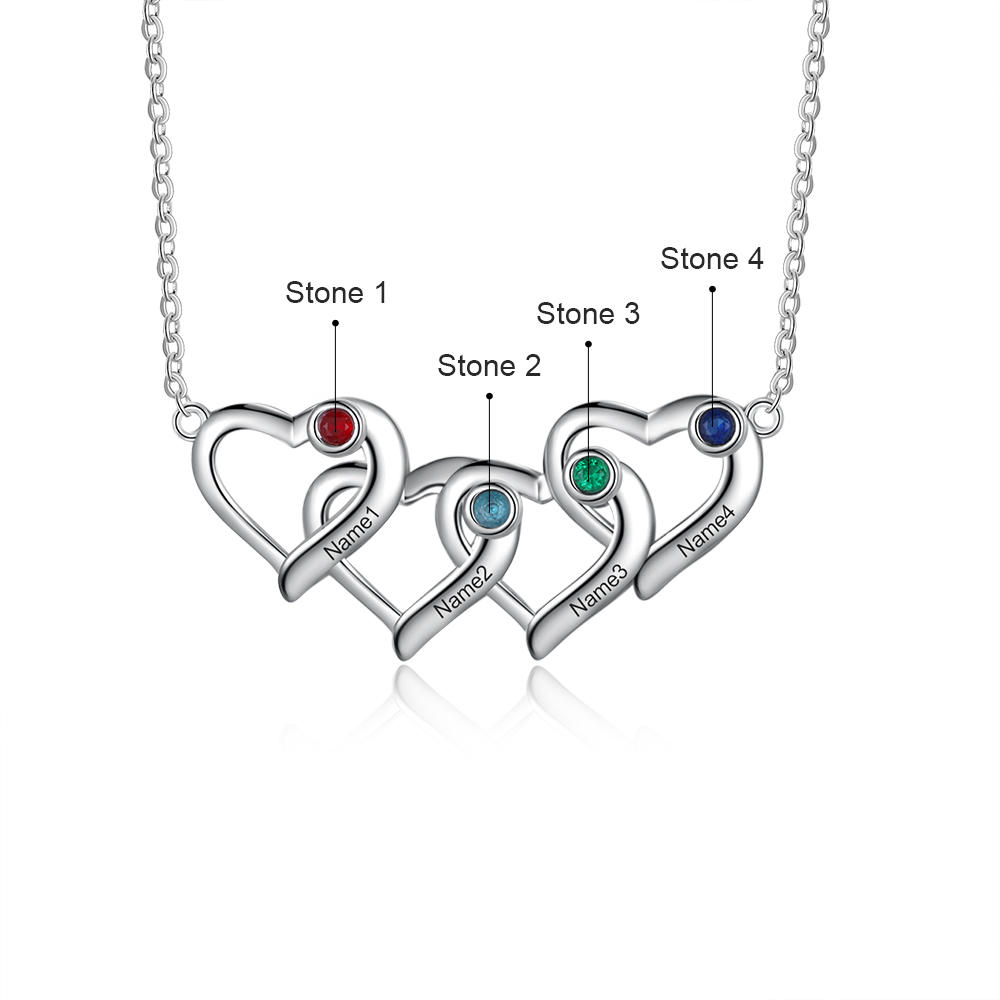 Personalised Heart Necklace With 4 Birthstones Engraved Names Gift For Her-Jessemade AU