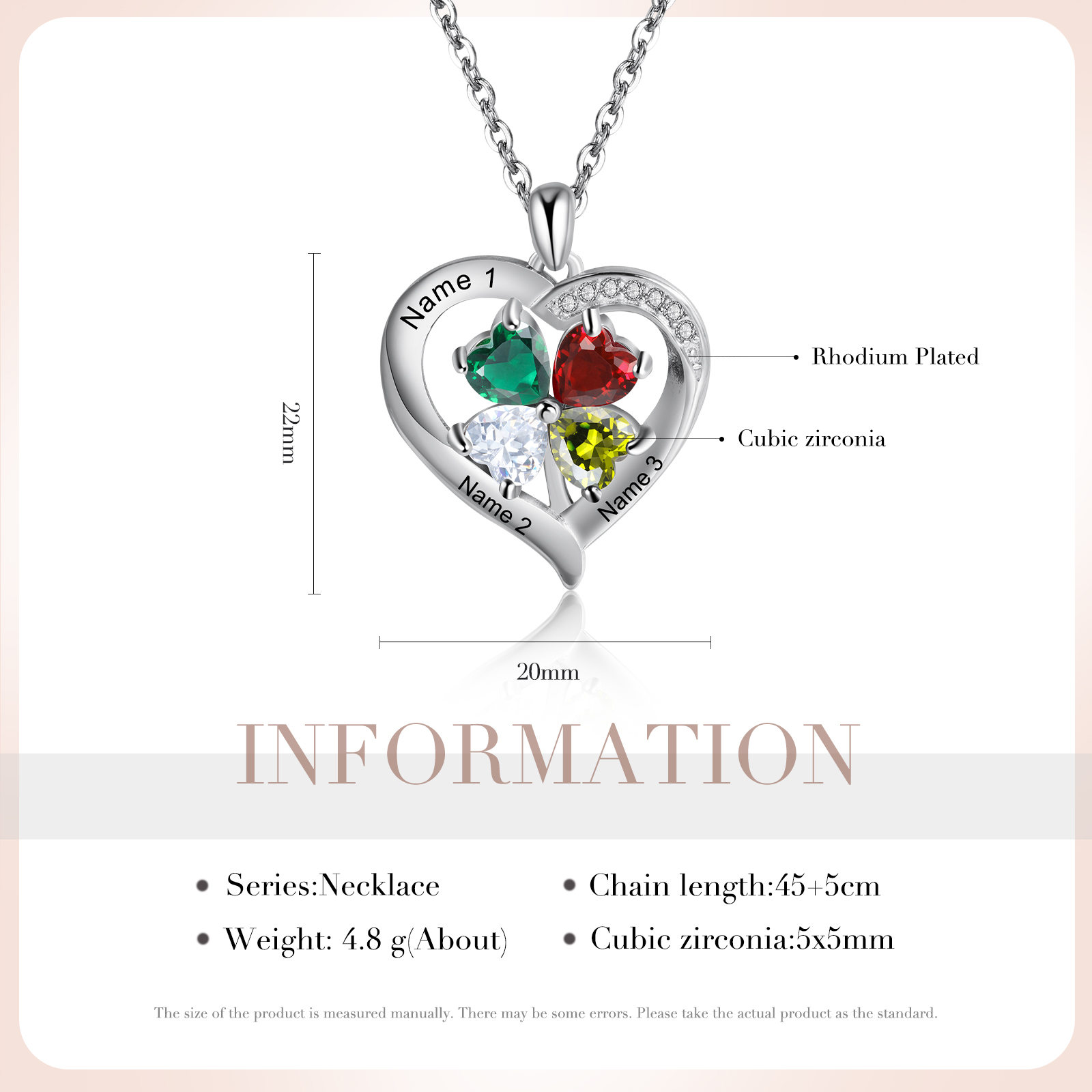 Personalised Heart Necklace with 3 Birthstones Engrave Names Family Necklace for Mom-Jessemade AU