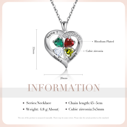 Personalised Heart Necklace with 3 Birthstones Engrave Names Family Necklace for Mom-Jessemade AU