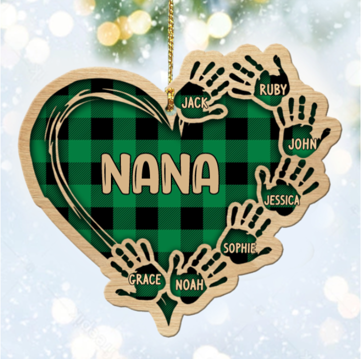 Grandma Mom Heart Hand Print Wood Ornament Custom 7 Names for Family-Jessemade AU