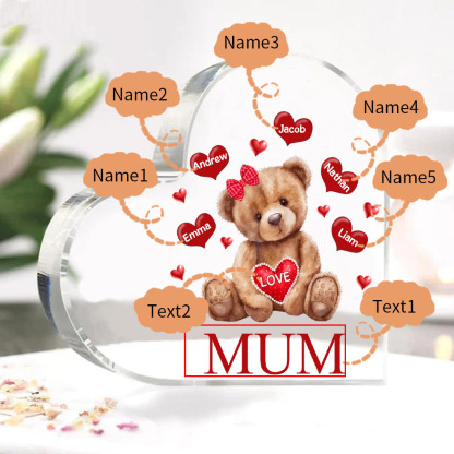 5 Names - Personalised Acrylic Heart Keepsake Custom 2 Texts Teddy Bear Ornaments Gifts for Grandma/Mother-Jessemade AU