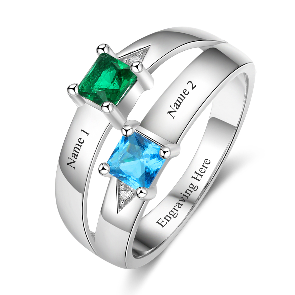 Personalised Ring With 2 Birthstones Engraved Names Ring Gift For Women-Jessemade AU