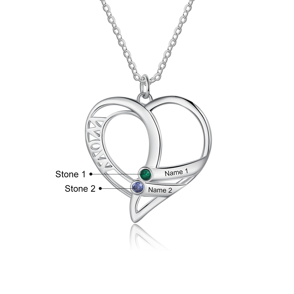 Personalised Heart Necklace With 2 Birthstones Engraved Names Gift For Mother-Jessemade AU