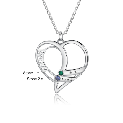 Personalised Heart Necklace With 2 Birthstones Engraved Names Gift For Mother-Jessemade AU