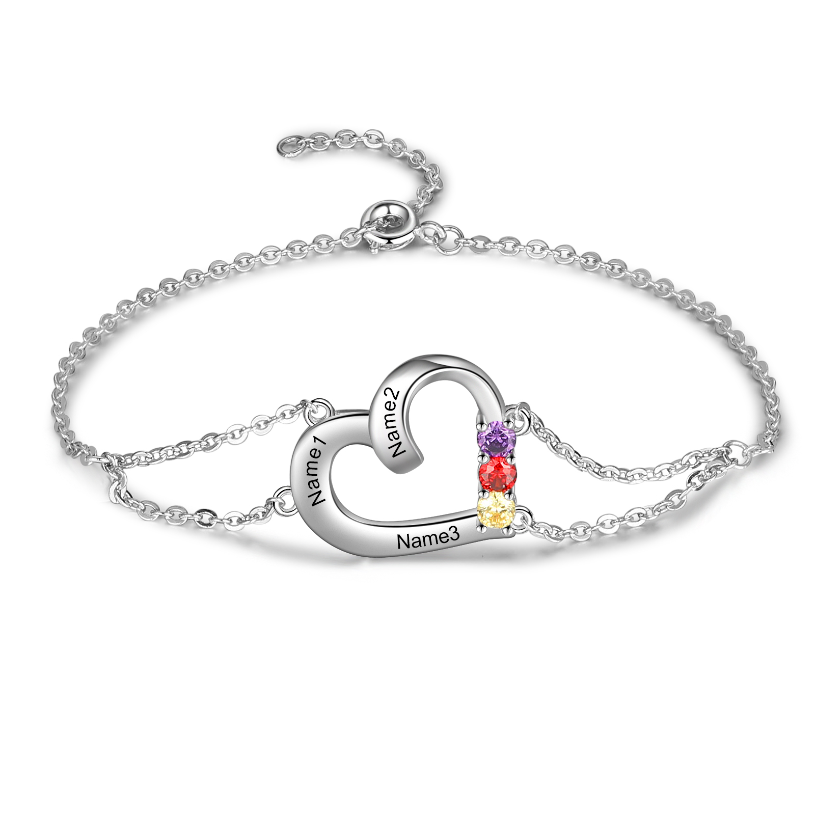 Personalised Heart Bracelet With 3 Birthstones Engraved Names Gift For Women-Jessemade AU
