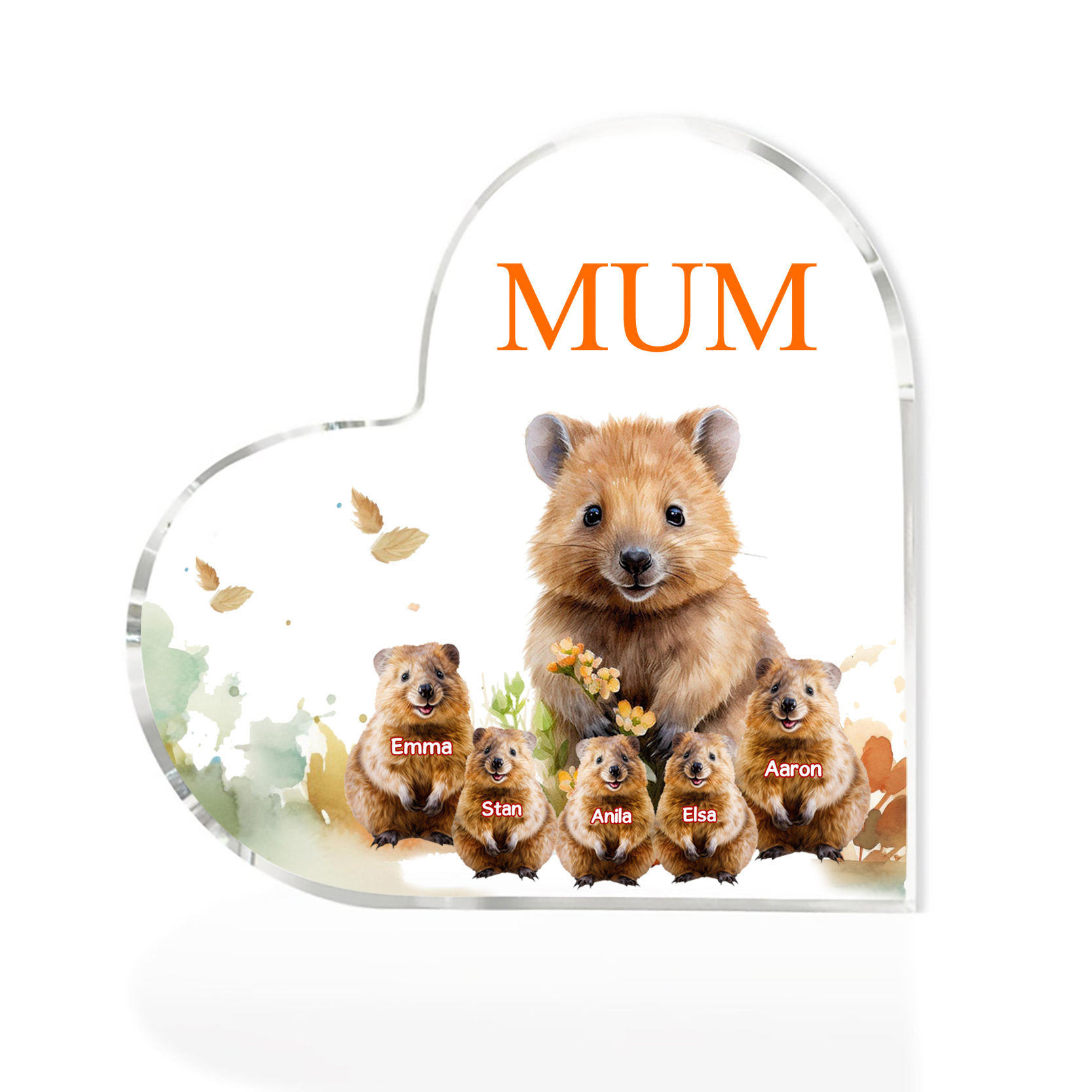 Personalised Acrylic Heart Keepsake Custom 1 Text & 5 Names Ornament Quokka Family Gift for Mother/Grandma-Jessemade AU