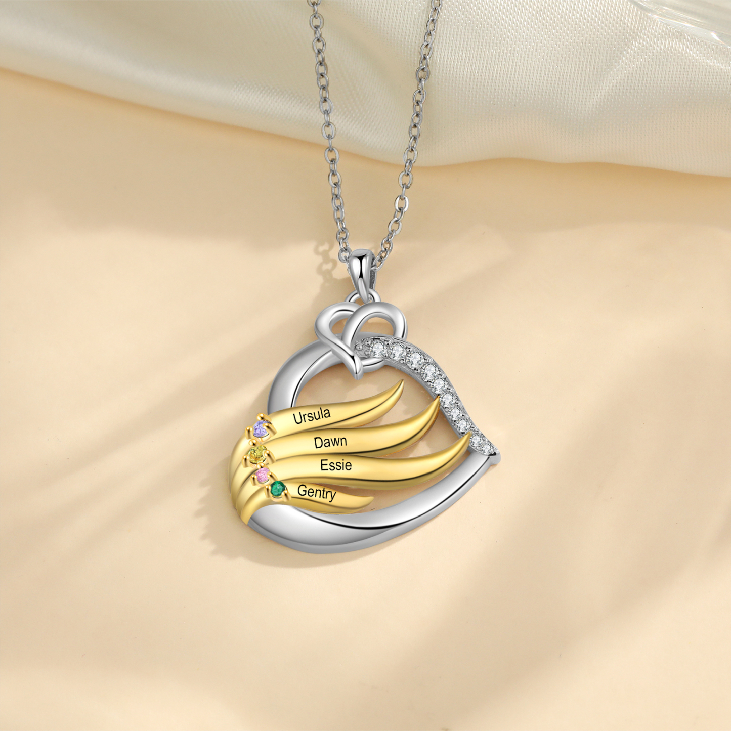 Personalised Golden Intertwined Heart Pendant Necklace Custom 4 Birthstones & 4 Names Necklace Gifts for Her-Jessemade AU