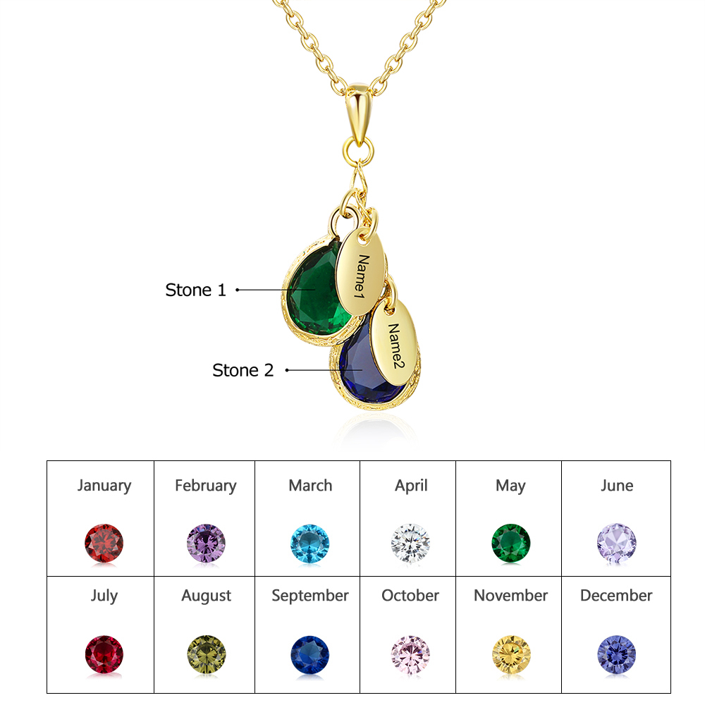 Personalised Leaf Necklace With 2 Birthstones Engraved Names Gift For Mother-Jessemade AU