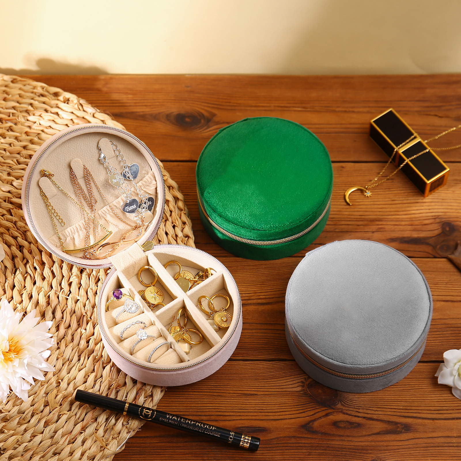 Jewelry Storage Box Travel Jewelry Box Grey/Pink/Green Circle Box Gifts for Ladies Girls-Jessemade AU