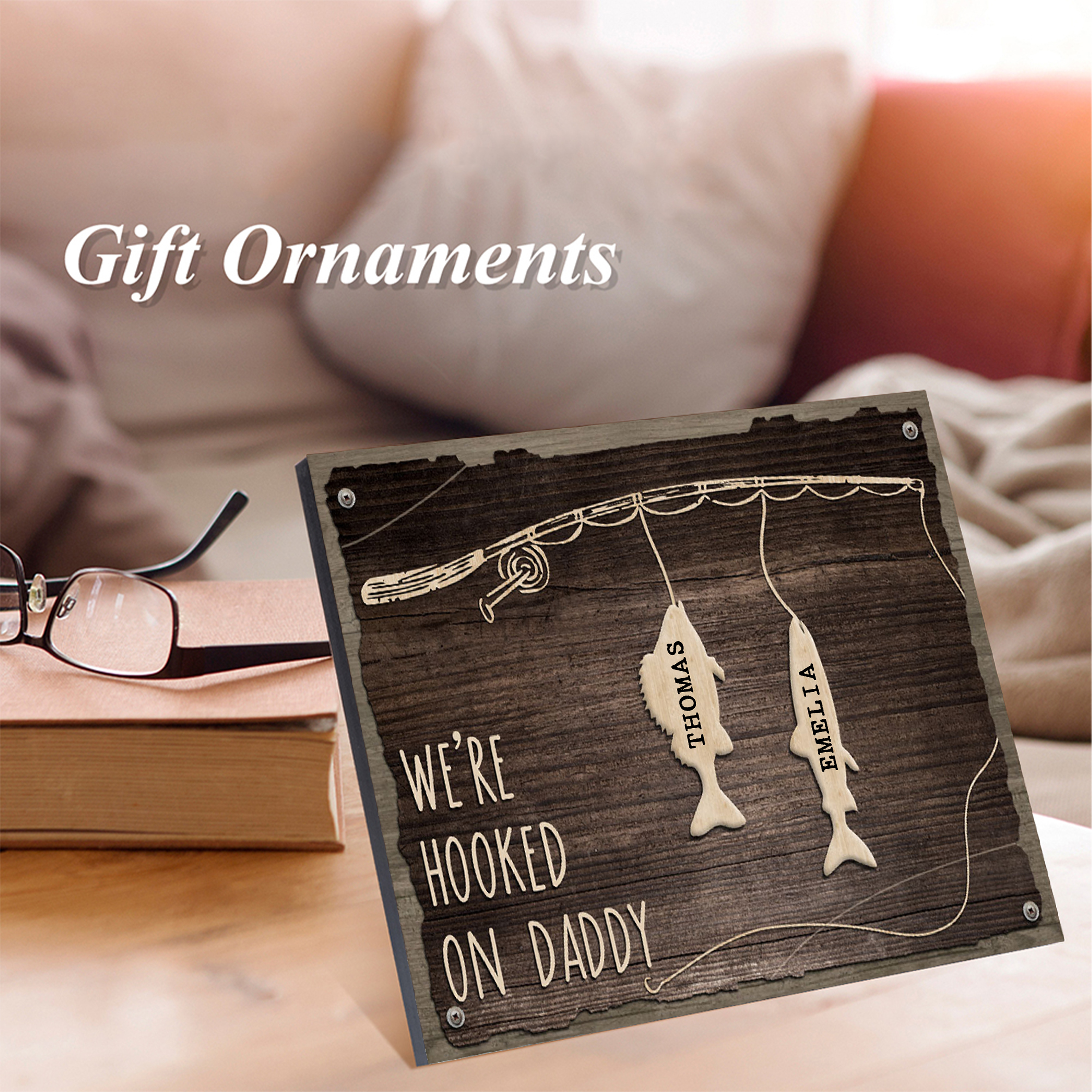 Father's Day Gifts Wood Signs Engrave 2 Names Frame Keepsake -We've Hooked On Daddy-Jessemade AU
