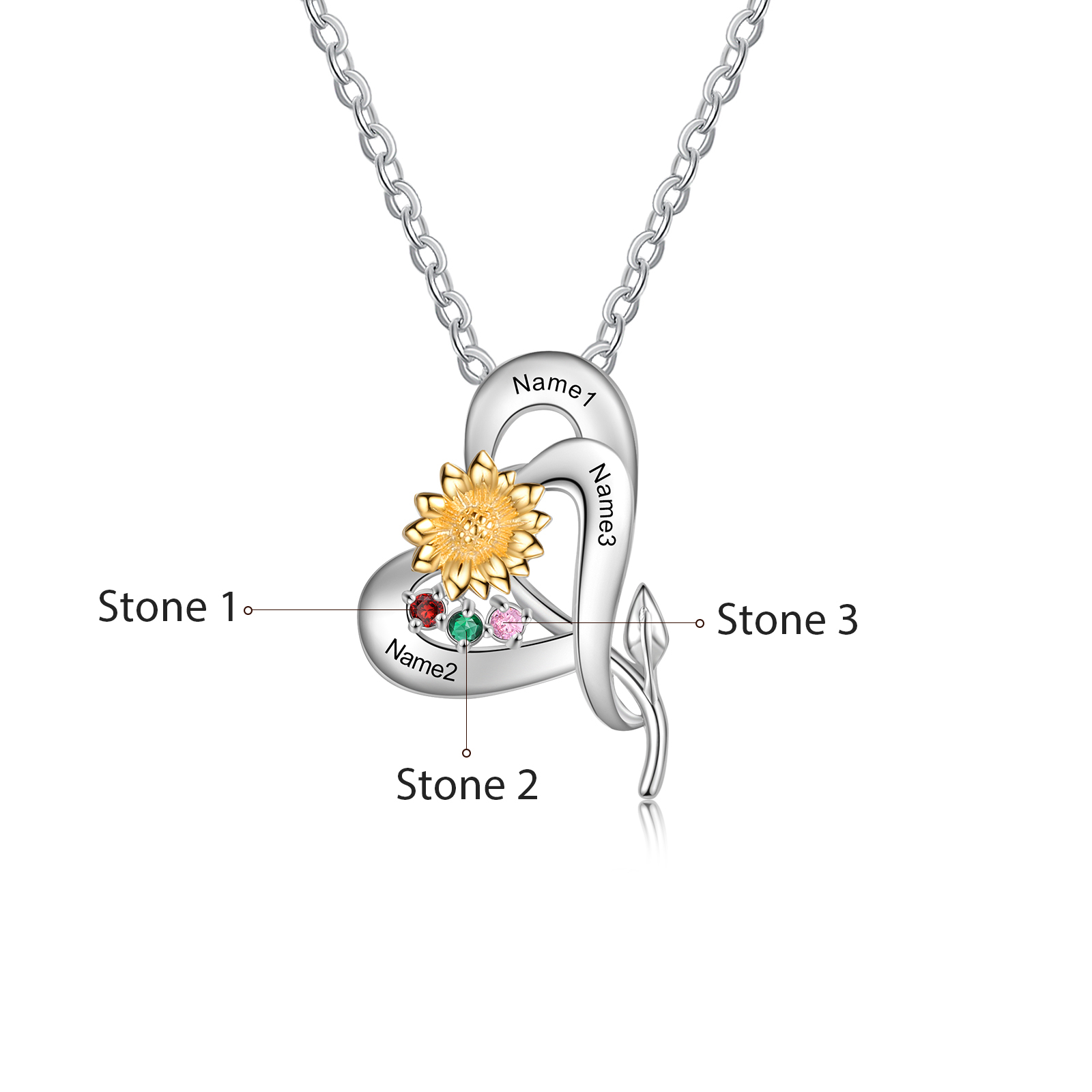 Personalised Sunflower Necklace With 3 Birthstones Engraved Names Necklace Gift For Women-Jessemade AU