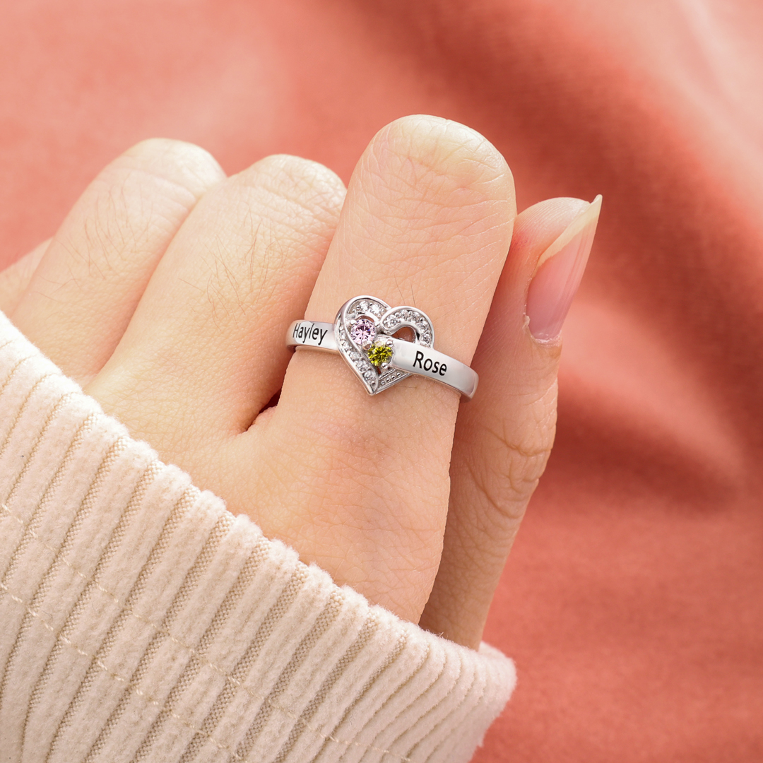 Personalised Heart Ring With 2 Birthstones Engraved Names Ring Gift For Women-Jessemade AU