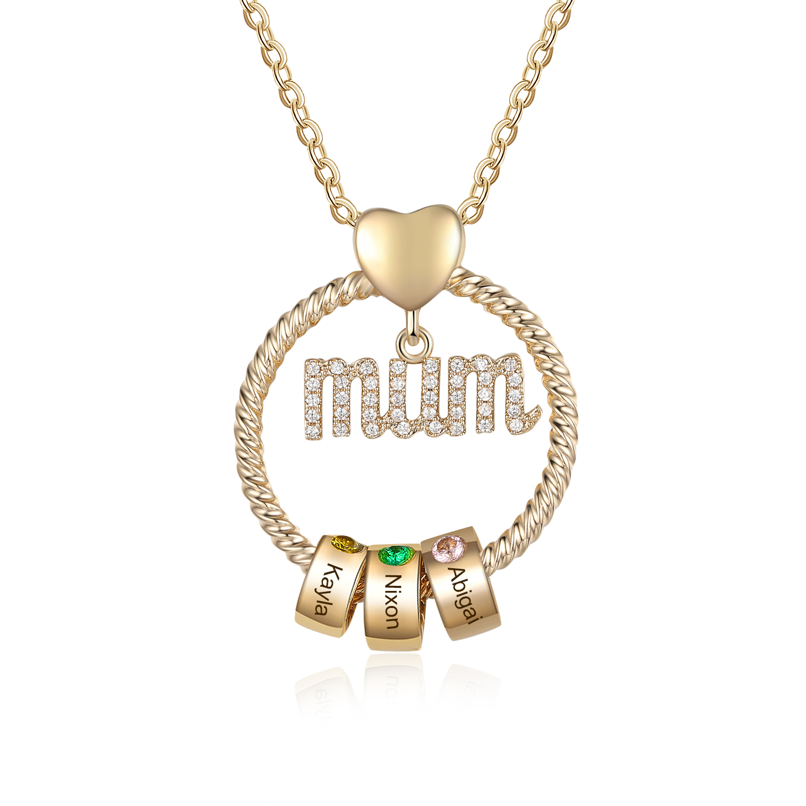 Personalised Circle Necklace With 3 Birthstones Pendant Engraved Names Gift For Mum-Jessemade AU