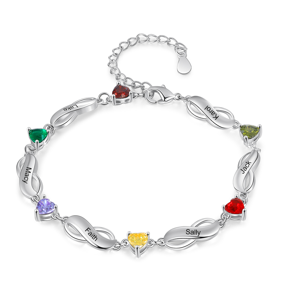 Personalised Bracelet With 6 Birthstones Engraved Names Bracelet Gift For Women
