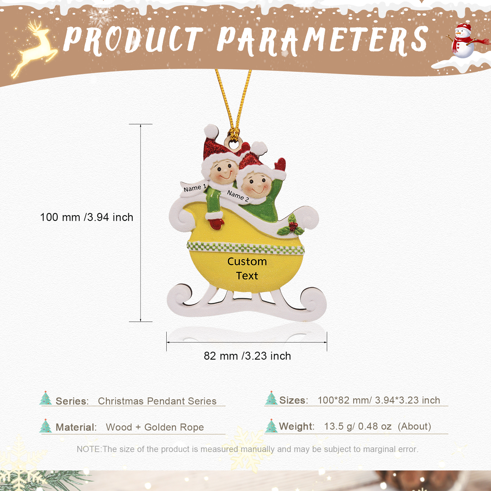 2 Names - Personalised Yellow Sleigh Family Christmas Ornament Customised Name & Text Wooden Hanging Ornaments Christmas Gift for Family-Jessemade AU