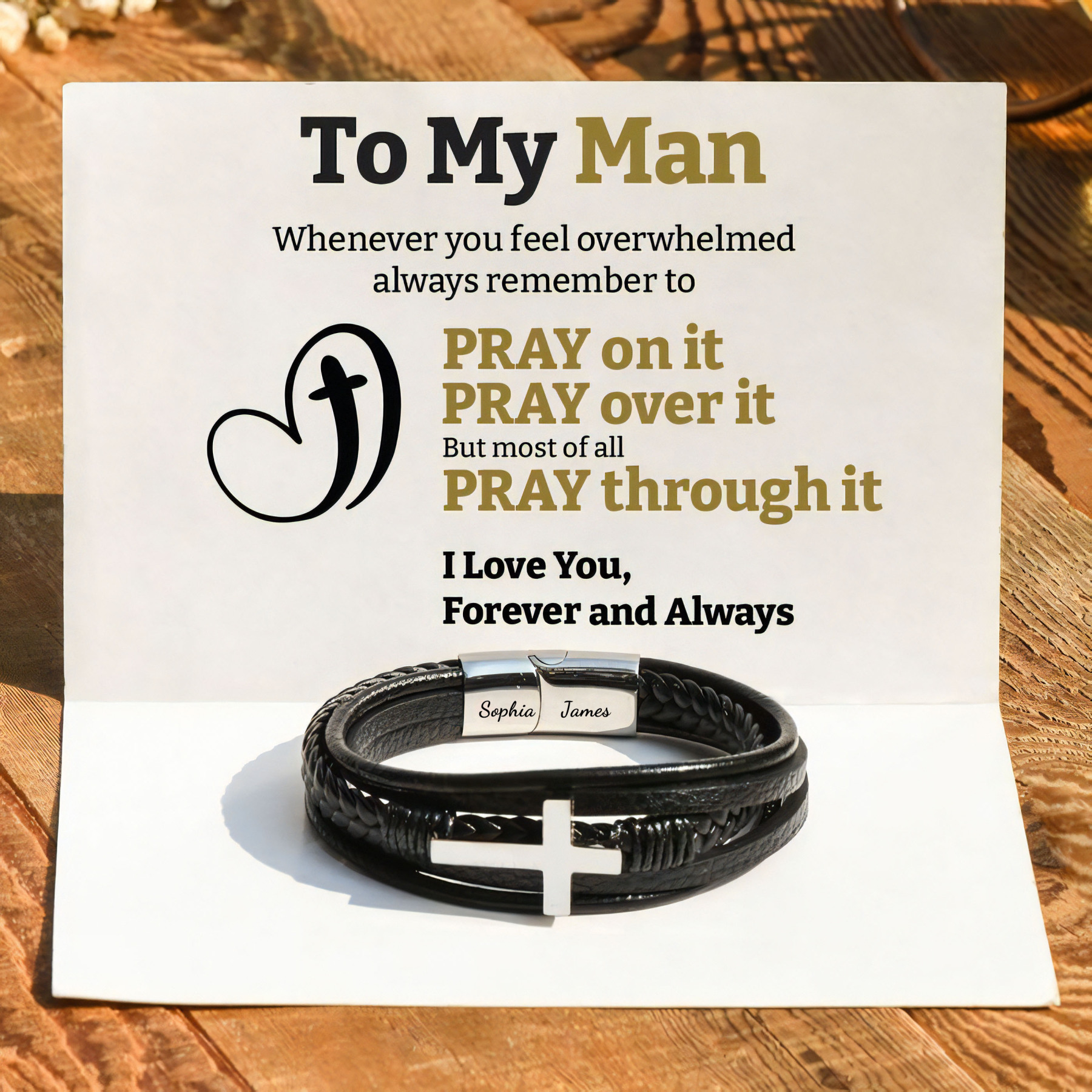 To My Man Pray Through It Leather Cross Bracelet Personalised 2 Names Gifts for Him-Jessemade AU