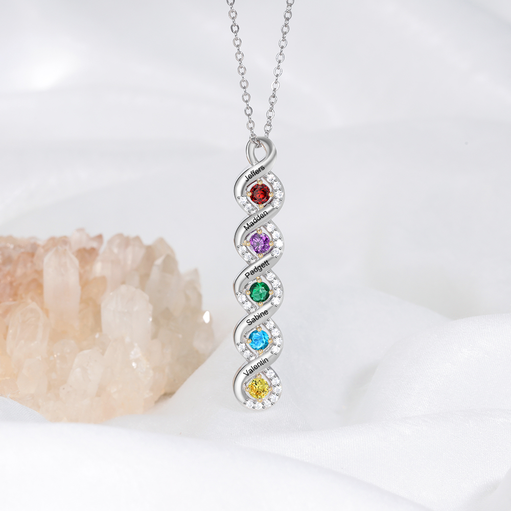 Personalised DNA Necklace With 5 Birthstones Engraved Names Gift For Women-Jessemade AU