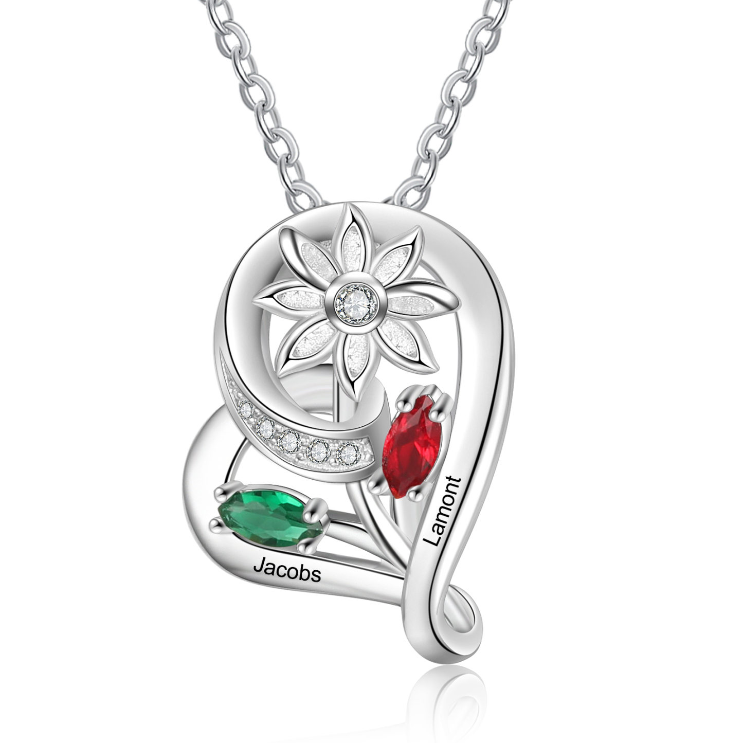 Personalised Heart Flower Necklace With 2 Birthstone Engraved Names Gift For Her-Jessemade AU