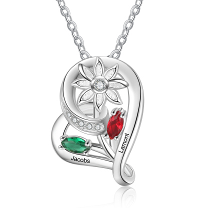 Personalised Heart Flower Necklace With 2 Birthstone Engraved Names Gift For Her-Jessemade AU