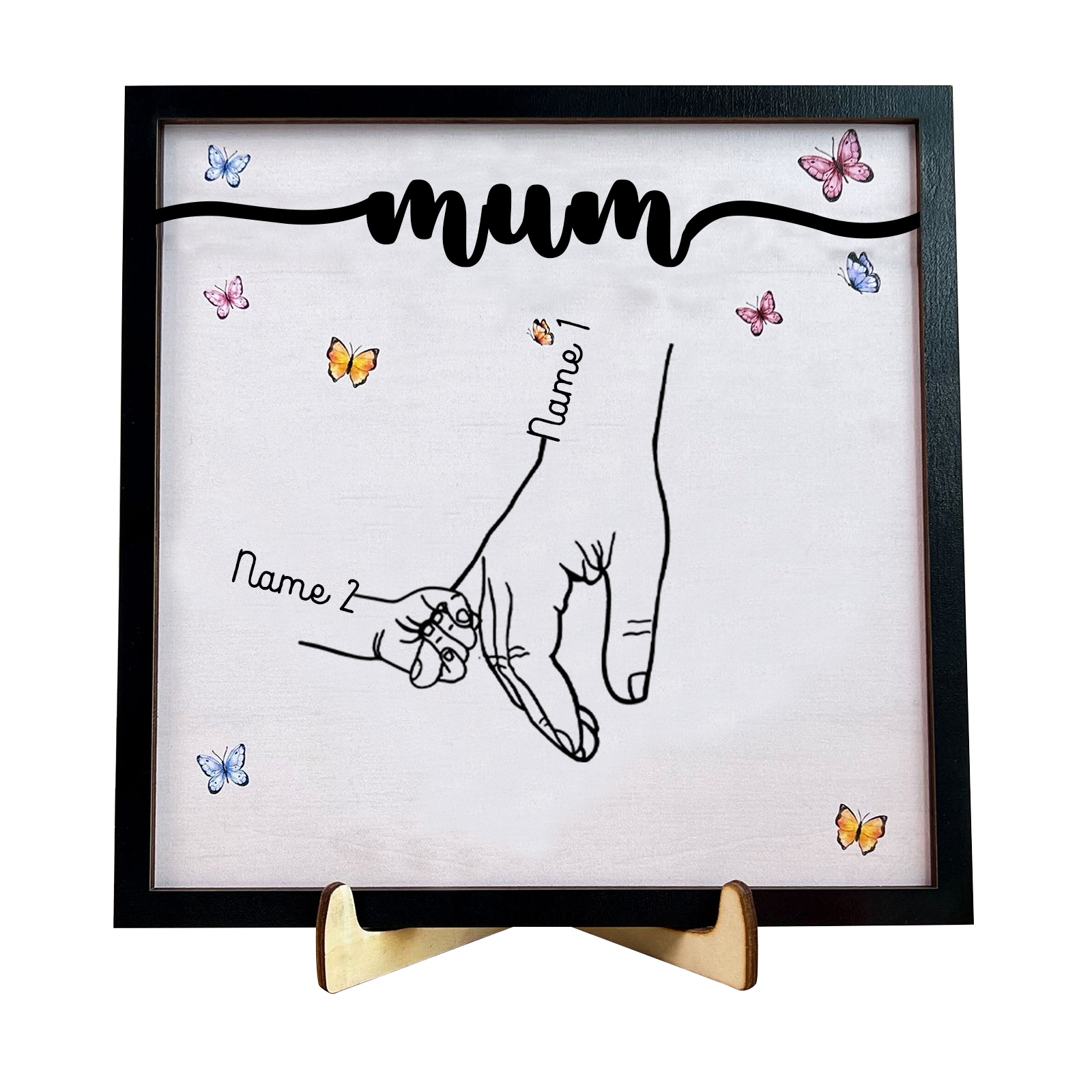 2 Names - Personalised Wooden Plaque Holding Mum's Hand Desktop Decorations Wooden Sign With Stand-Jessemade AU