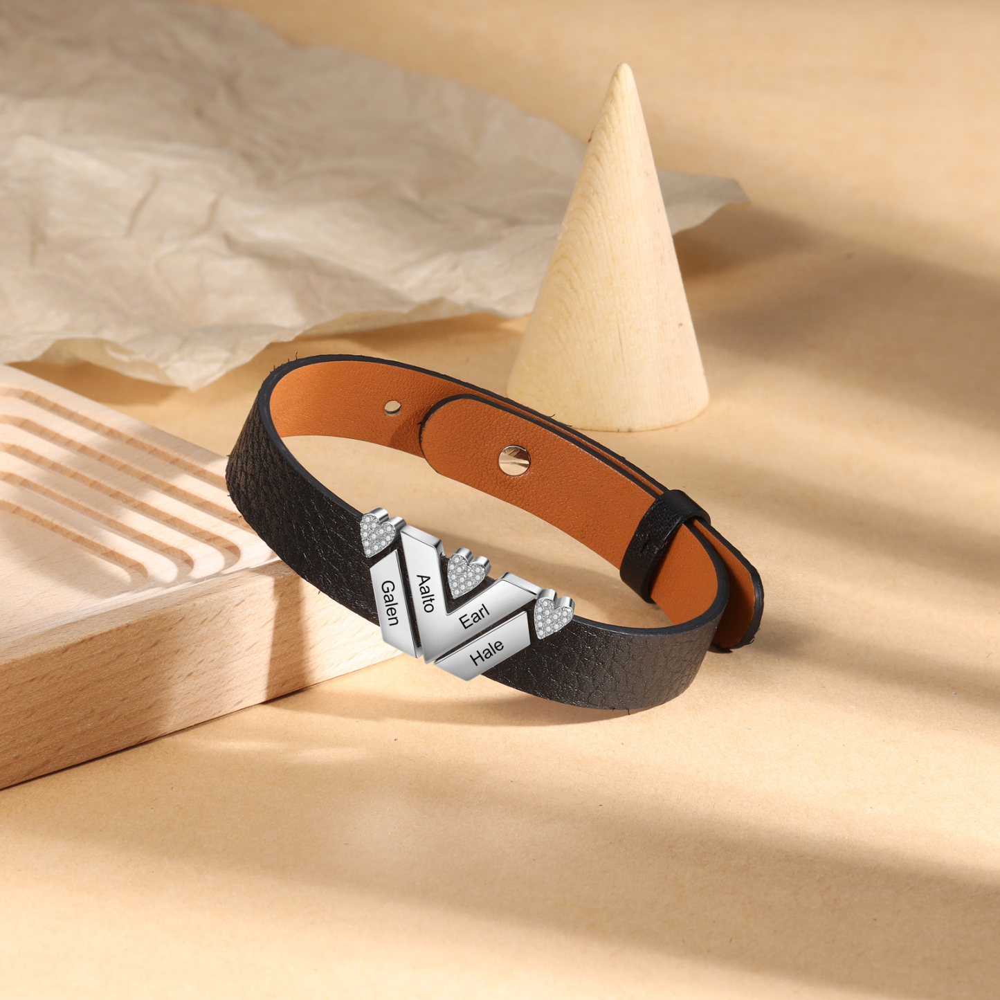 Customised Leather Bracelet with Beads Engraved 4 Names Bangle for Him-Jessemade AU