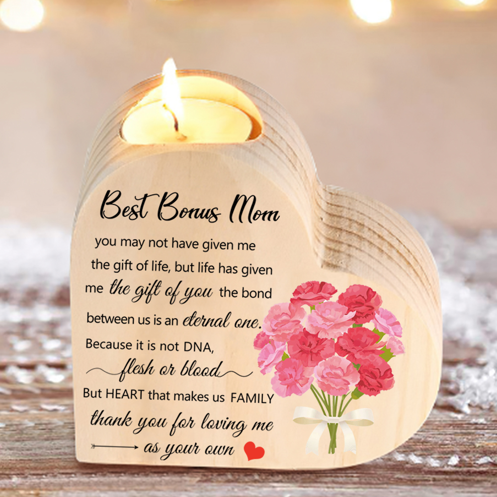 To My Mom Heart Candle Holder Wooden Candlestick Mothers Gifts-Thank you for loving me as your own-Jessemade AU