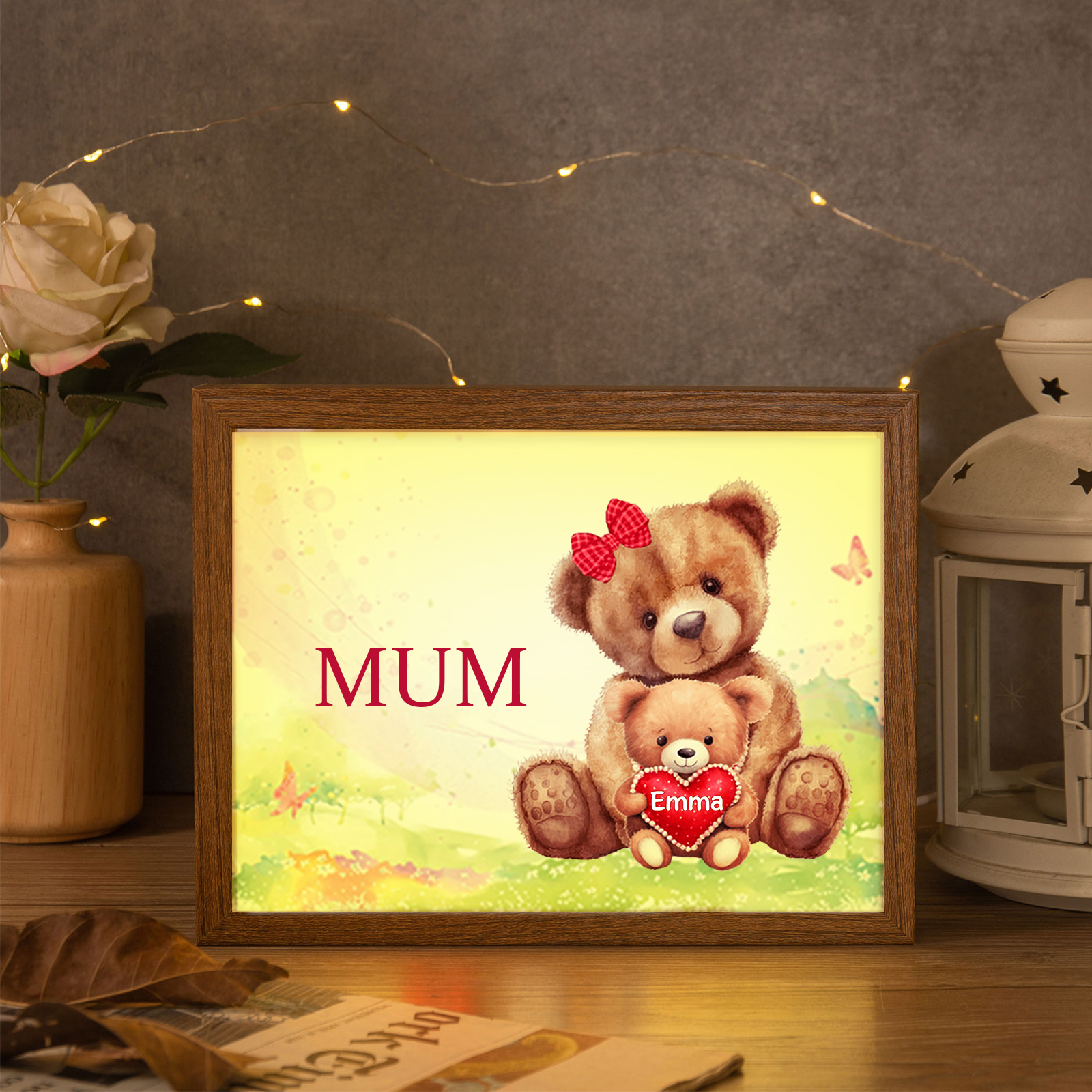 Personalised Frame Night Light Custom 1 Text  & 1 Name Teddy Bears Family Ornament Gifts for Mother/Grandma-Jessemade AU
