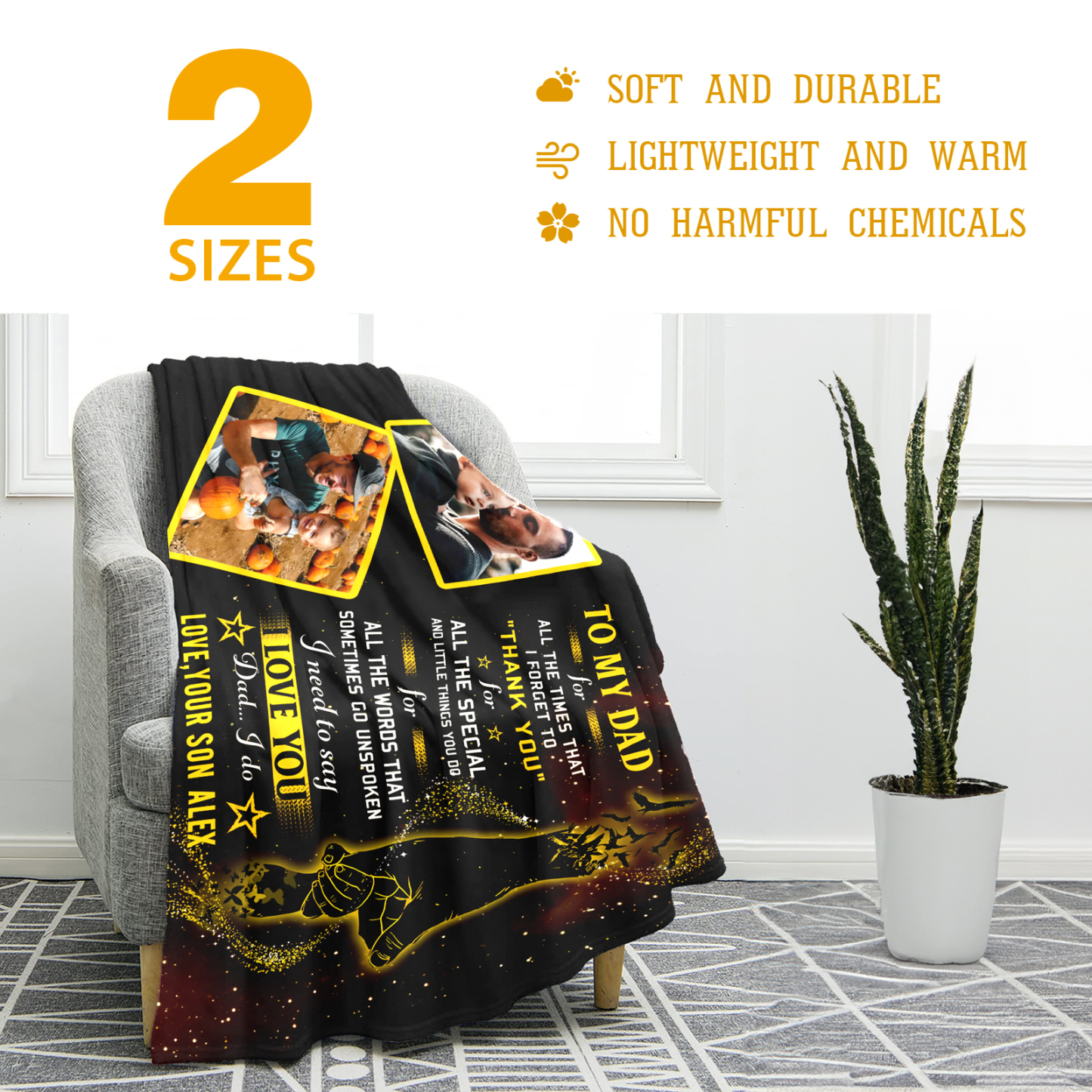 Personalized Fleece Blanket Custom 2 Photos and 1 Name Father's Day Gift for Dad-Jessemade AU