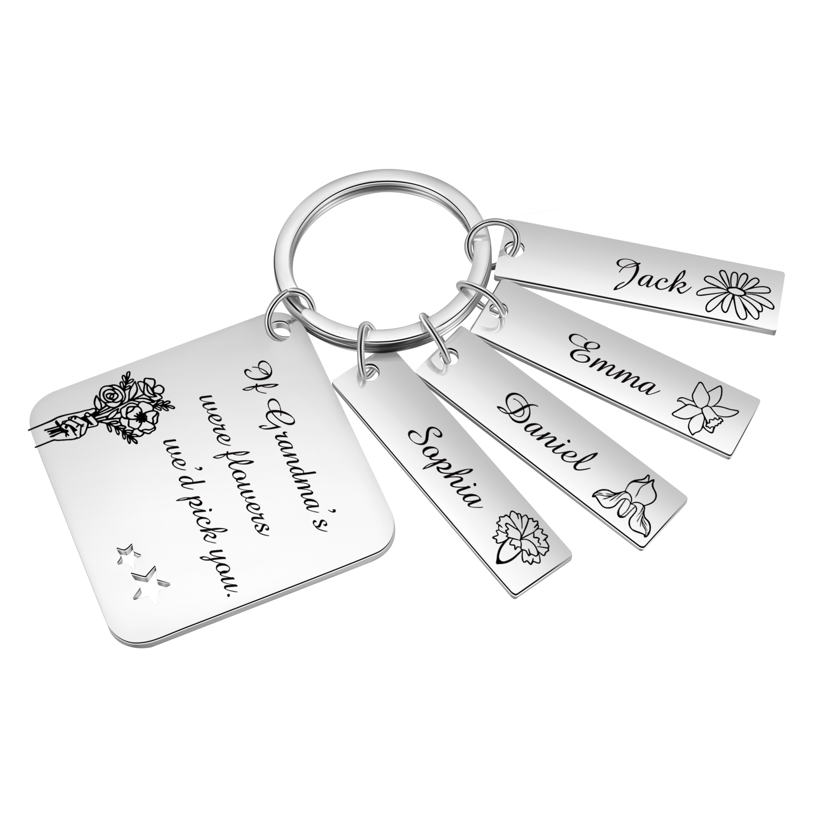 Personalised 4 Names & 4 Birth Flowers Keychain Custom Text Family Keychain Gifts for Mother/Grandma-Jessemade AU