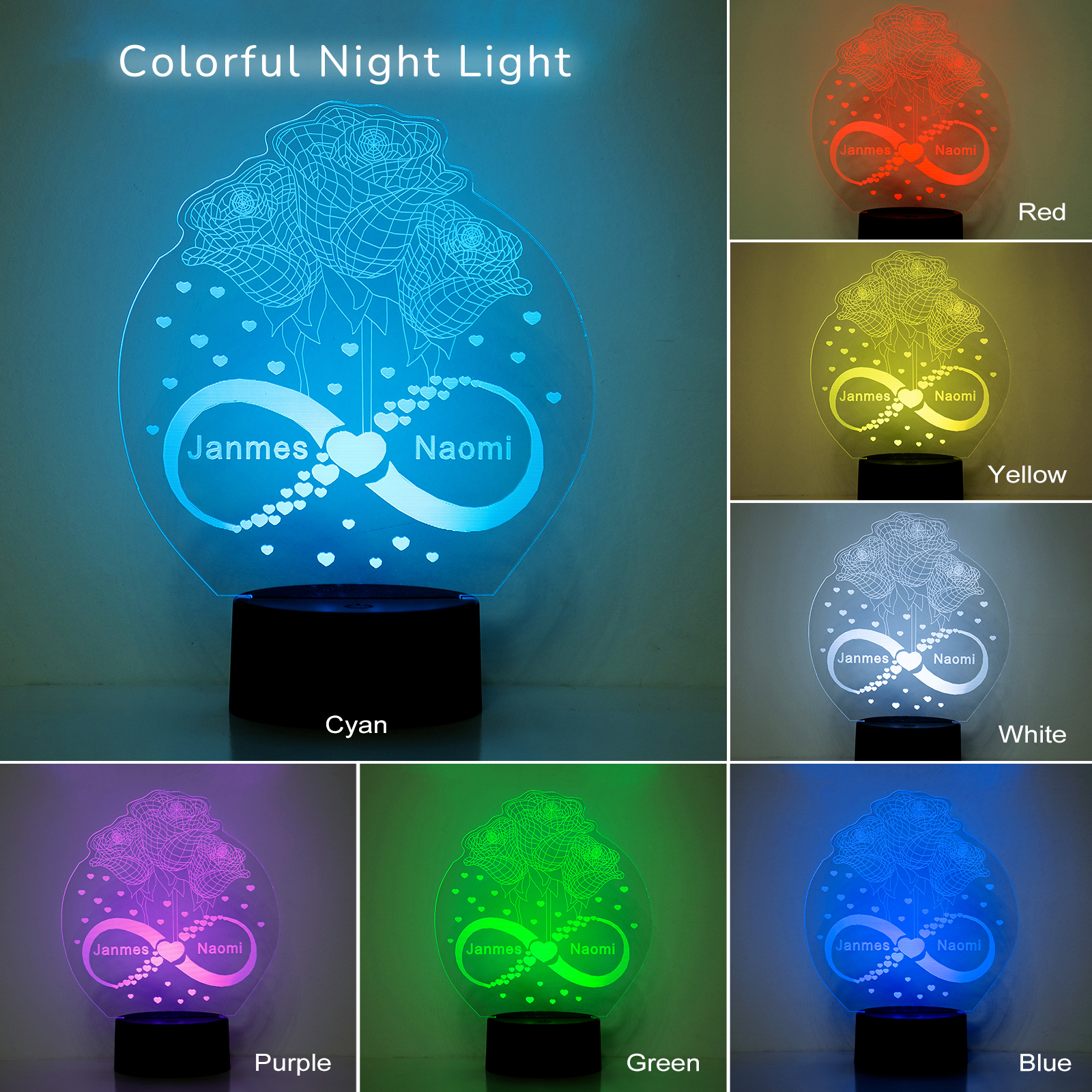 Custom 3D Rose Night Light With Name LED Lamp Gifts For Couple-Jessemade AU