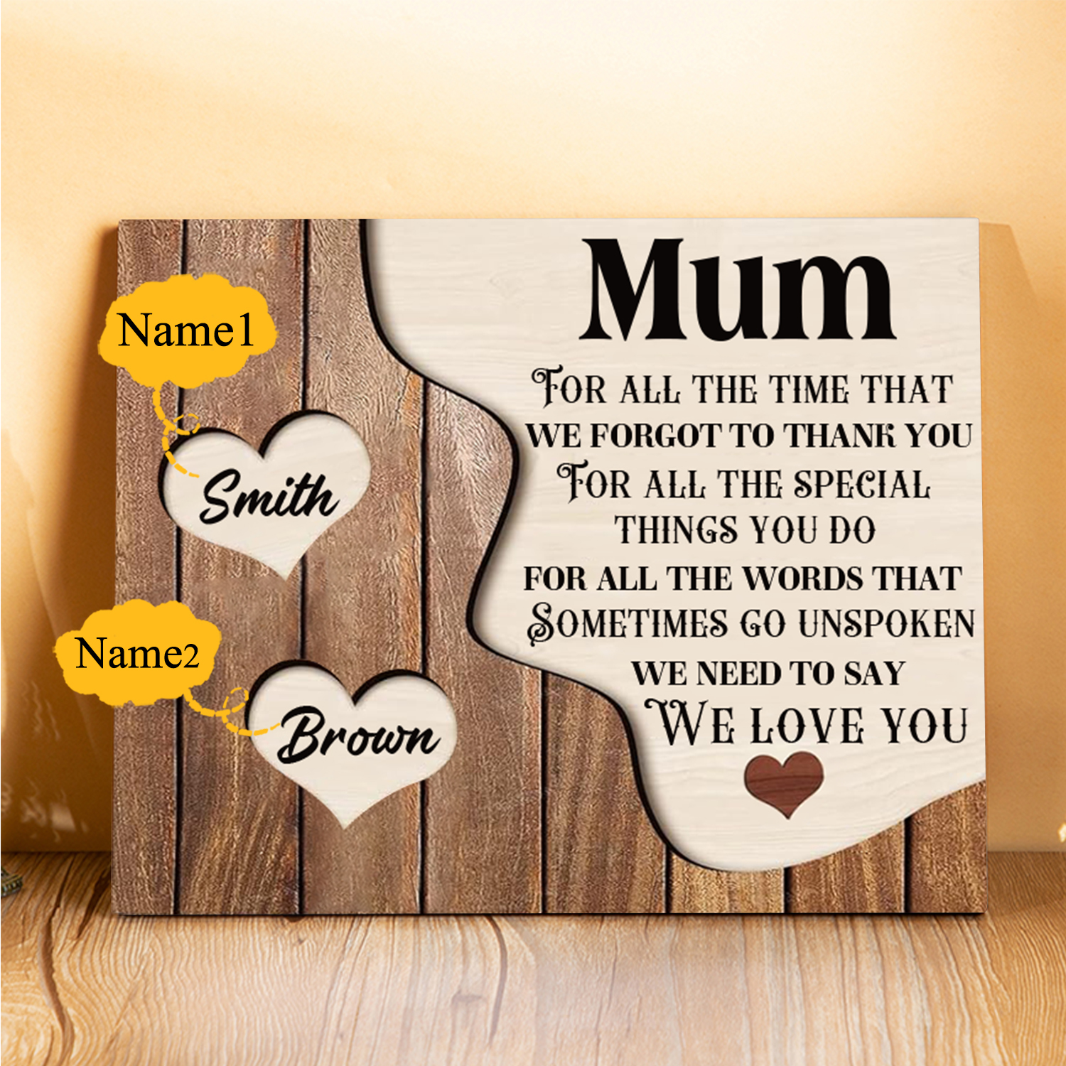 2 Names - Personalised Mum Wooden Plaque Custom Names Home Decoration Hearts Gift for Mother-Jessemade AU