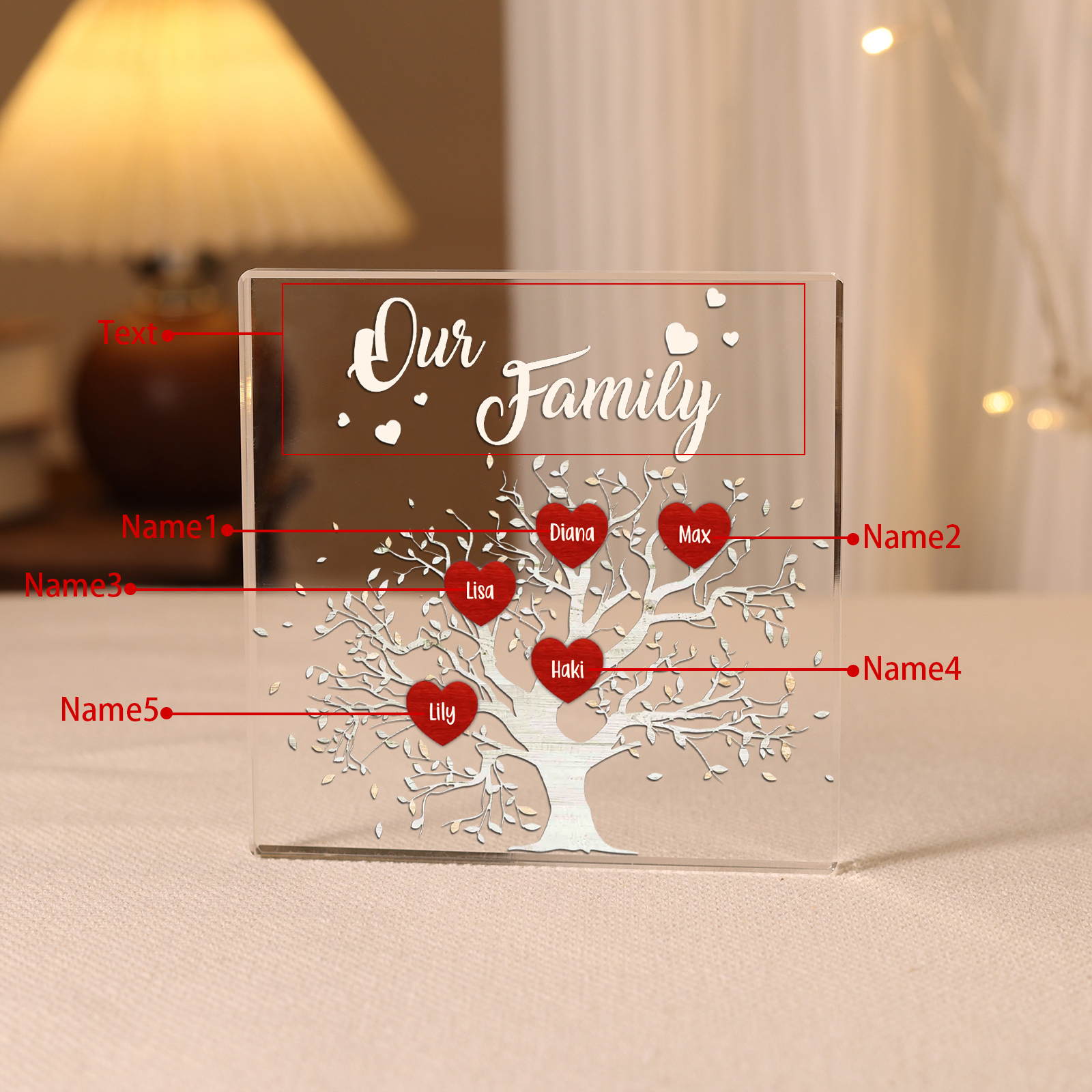 Personalised 5 Names & 1 Text Acrylic Square Keepsake Family Tree Rectangle Plaque Father's Day Gifts for Dad/Mom-Jessemade AU