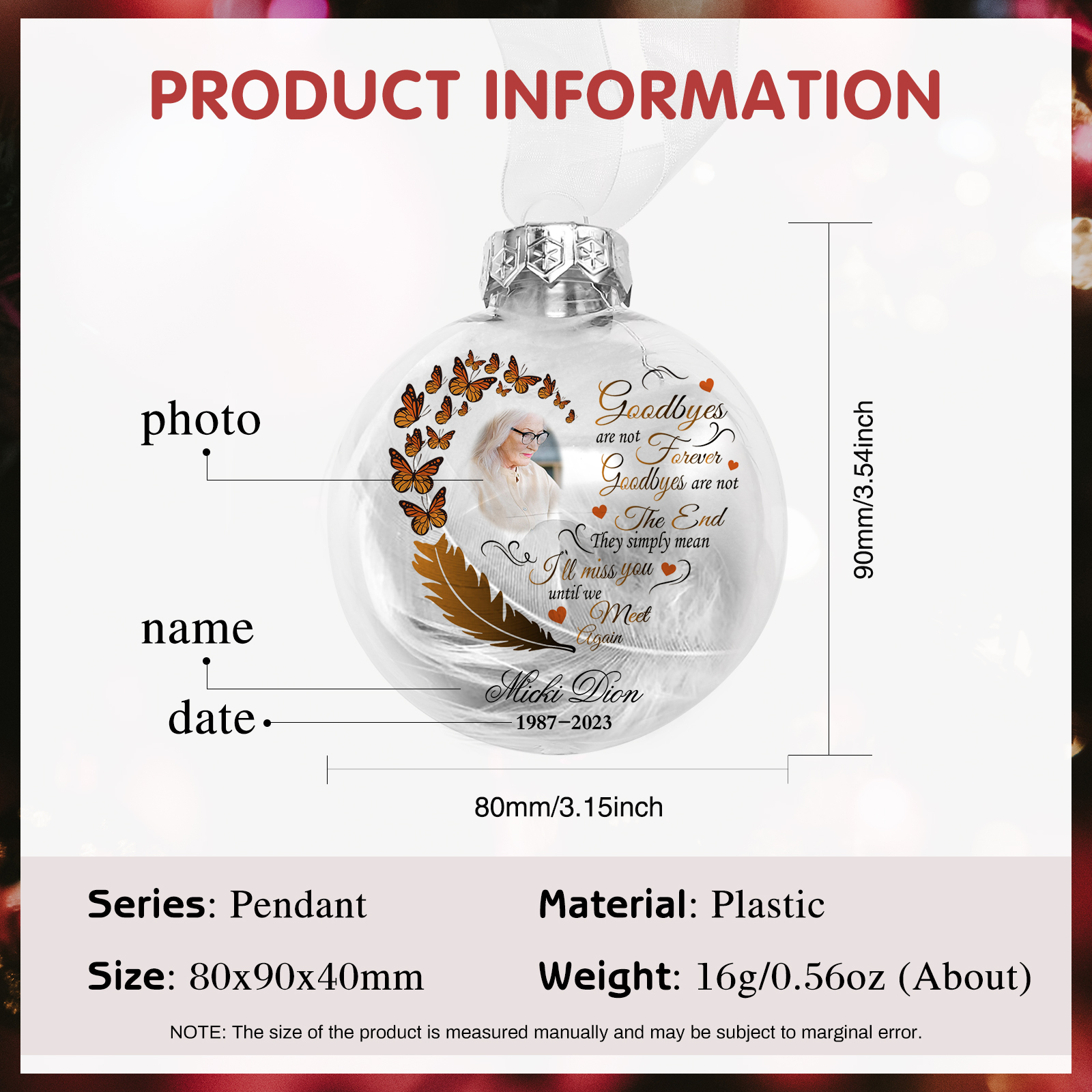 Memorial Ball Feather Ornaments Custom Name & Date & Photo Christmas Ornament Commemorate Deceased Loved Ones - Goodbyes Are Not Forever-Jessemade AU