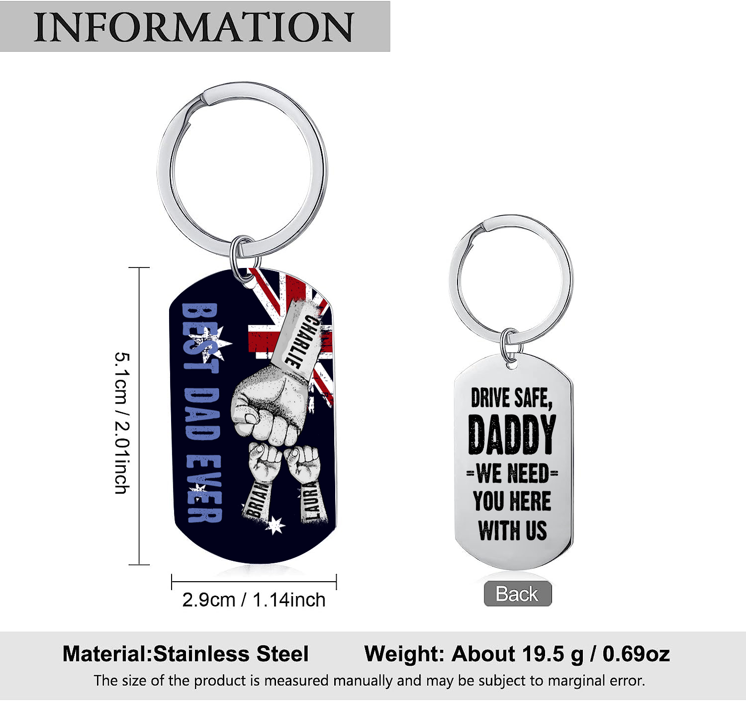 Personalised 3 Names Australian Flag Keychain Fist Bump Keychain Father's Day Gift - Drive Safe, Daddy, I Need You Here with Me-Jessemade AU