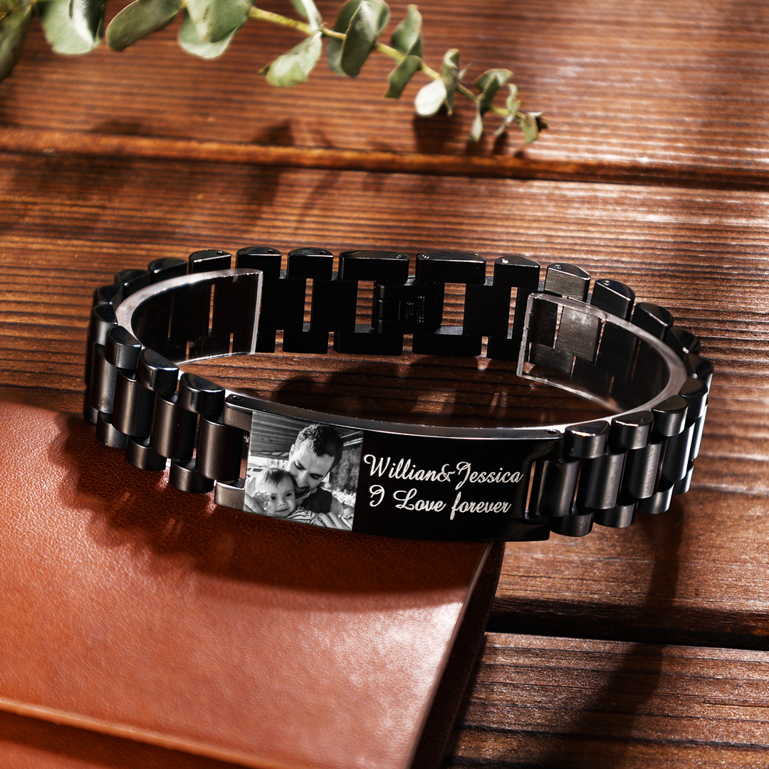Personalised Men's Bracelet Custom Photo Wristband Initial ID Bar Bangle Gifts For Him-Jessemade AU