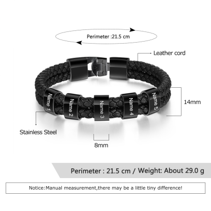 Personalised Braided Leather Bracelet Engraved 5 Names Men's Bracelet for Him-Jessemade AU