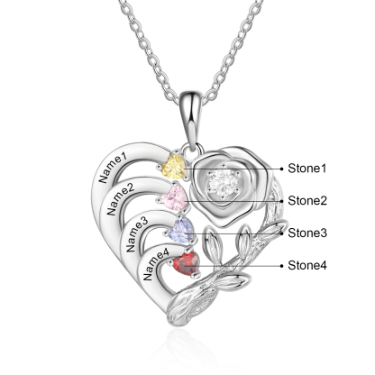 Personalised Rose Necklace with Birthstones Engraved 4 Names Intertwined Heart Pendant Necklace Gifts for Mother-Jessemade AU