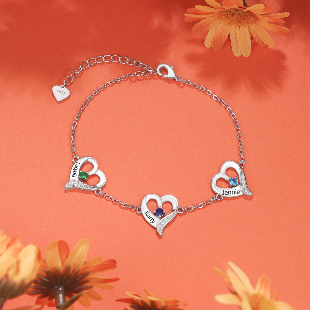 Personalised Heart Bracelet With 2 Birthstones Engraved Names Necklace For Her-Jessemade AU