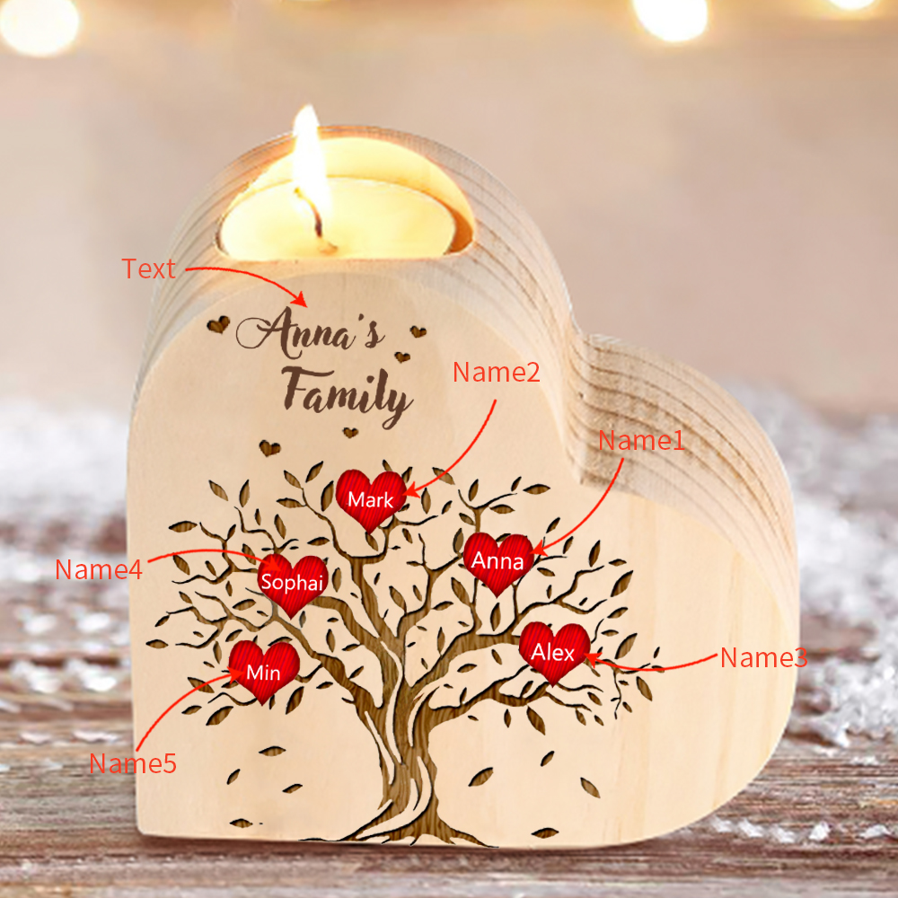 To My Family Wooden Heart Candle Holder Custom 5 Names Family Tree Candlesticks-Jessemade AU