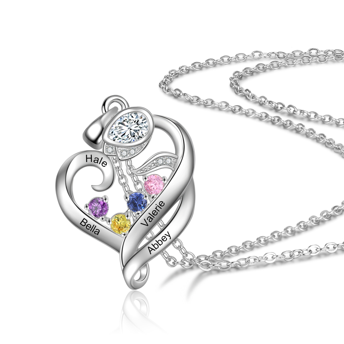 Personalised Flower Heart Necklace With 4 Birthstones Custom Names Necklace Gift For Her-Jessemade AU