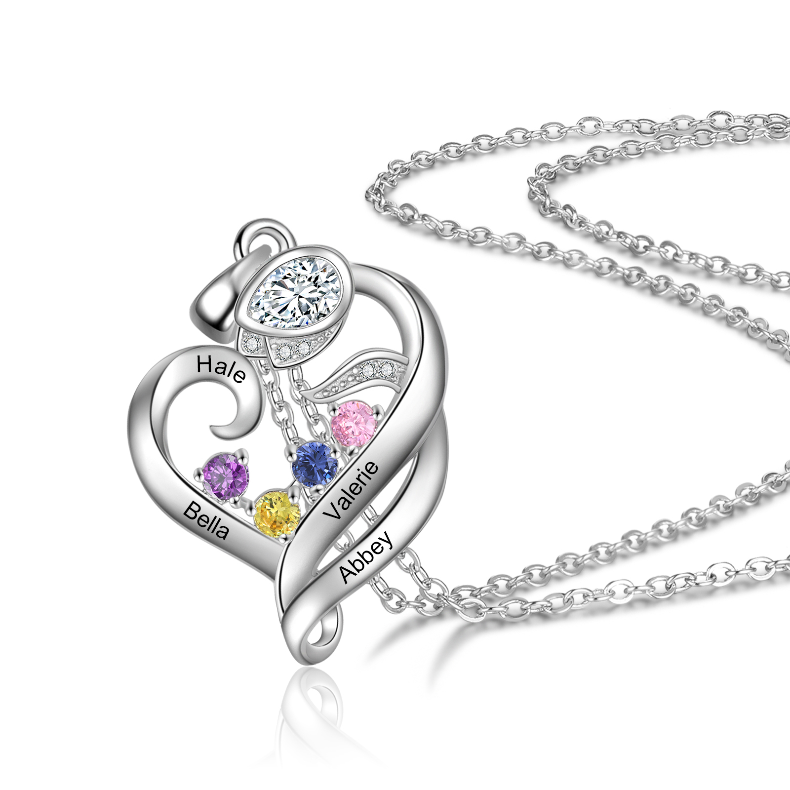 Personalised Flower Heart Necklace With 4 Birthstones Custom Names Necklace Gift For Her-Jessemade AU