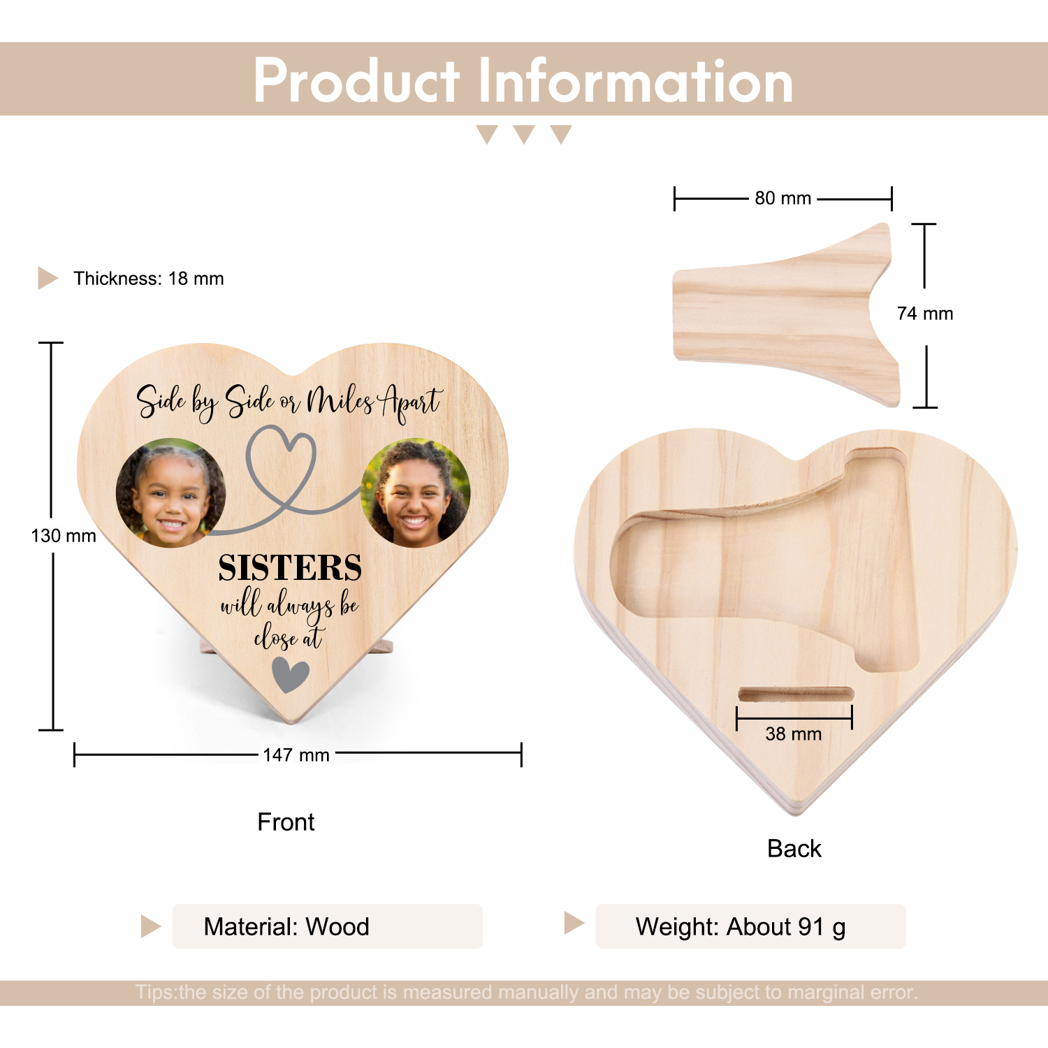 Sisters Will Always Close At Heart Personalised Photos Wooden Heart Keepsake Desktop Ornament-Jessemade AU
