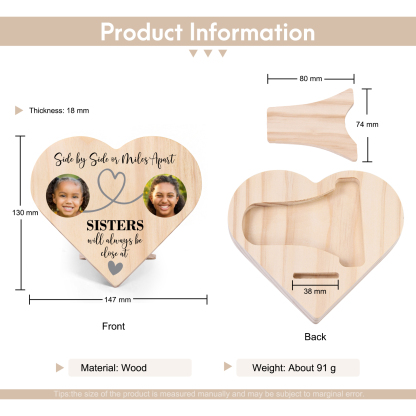 Sisters Will Always Close At Heart Personalised Photos Wooden Heart Keepsake Desktop Ornament-Jessemade AU