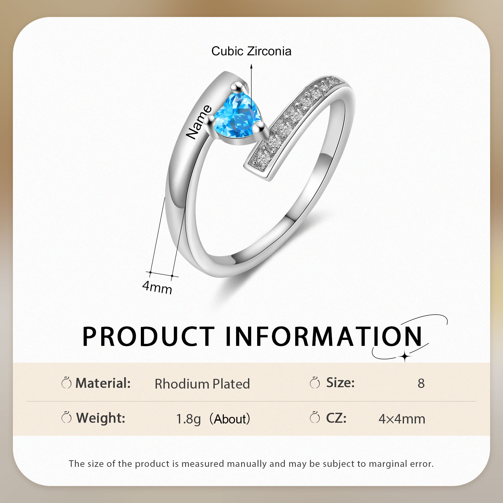 Personalised Heart Birthstone Ring Customised Name Ring Gift for Women Girls-Jessemade AU