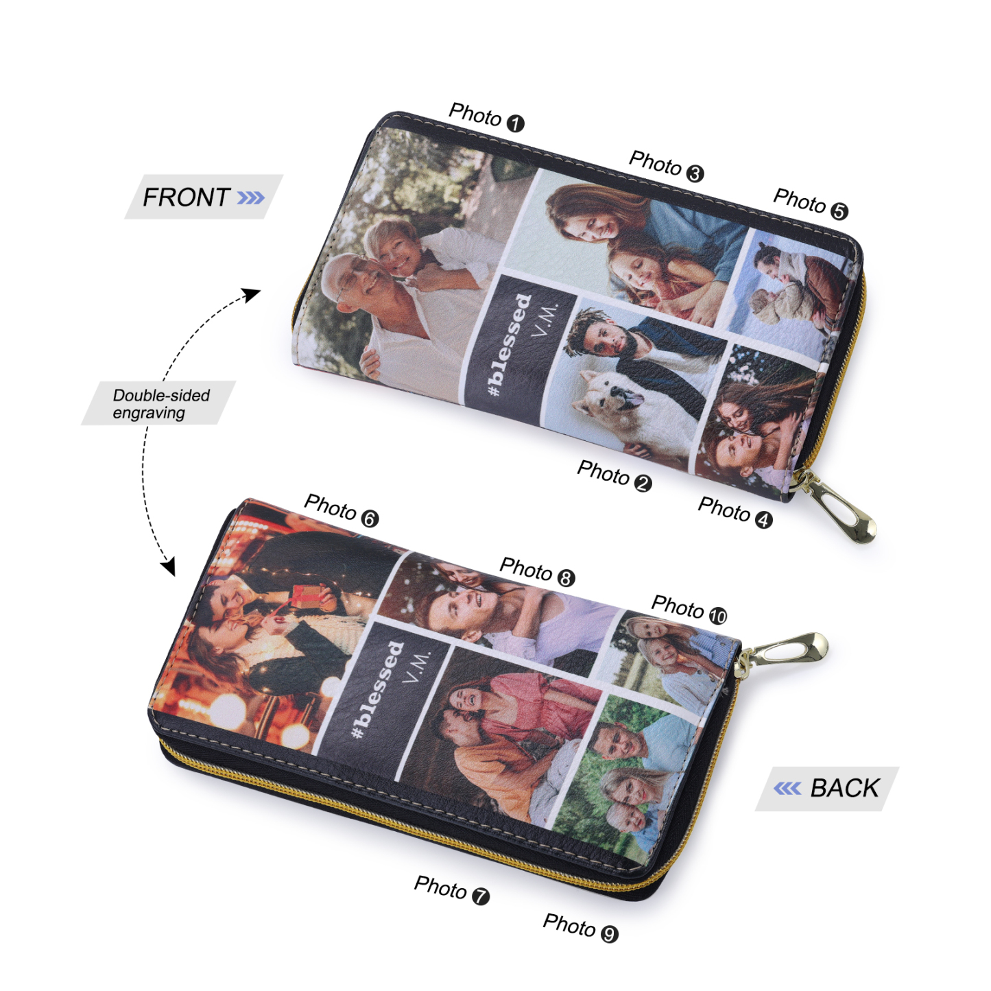 Long Purse Personalised Leather Wallet Engraved 10 Photos Zip Wallet 2023 Gifts For Women Men-Jessemade AU