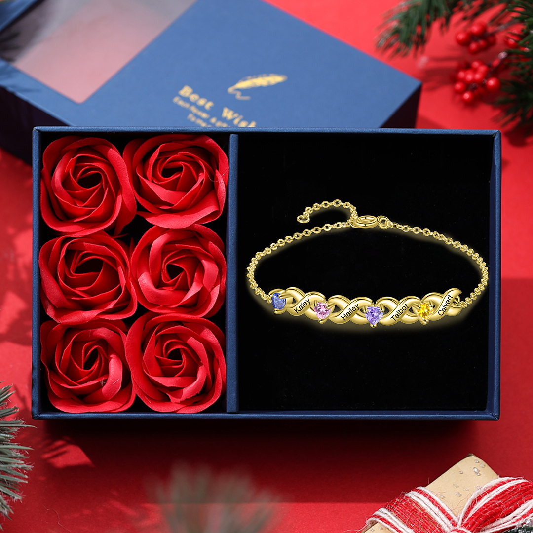 Family Custom Bracelet Heart Personalised with 4 Birthstones Gift Box Set-Jessemade AU