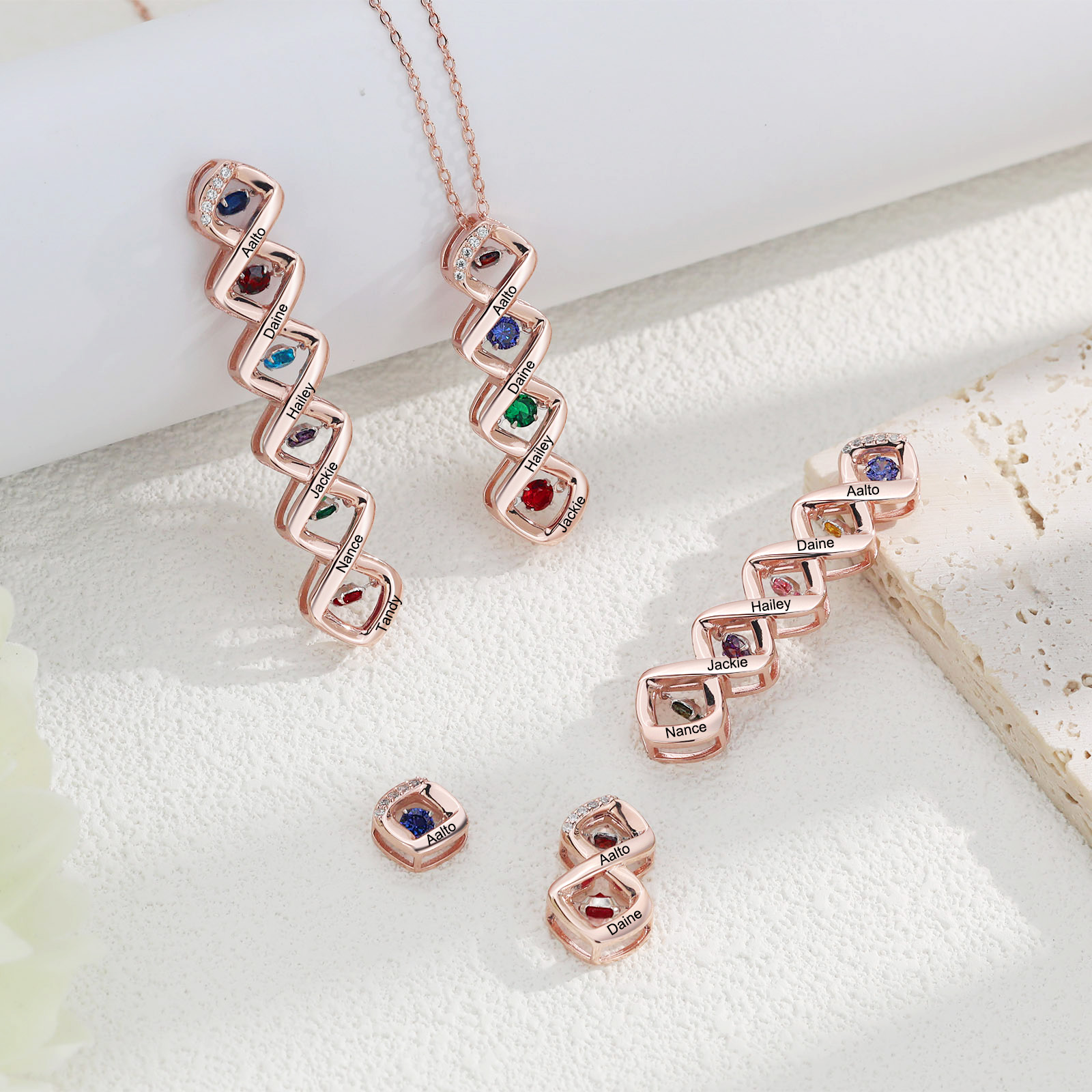 Custom Family Necklace with 5 Birthstones Engraving Names Dancing Stone Necklace-Jessemade AU