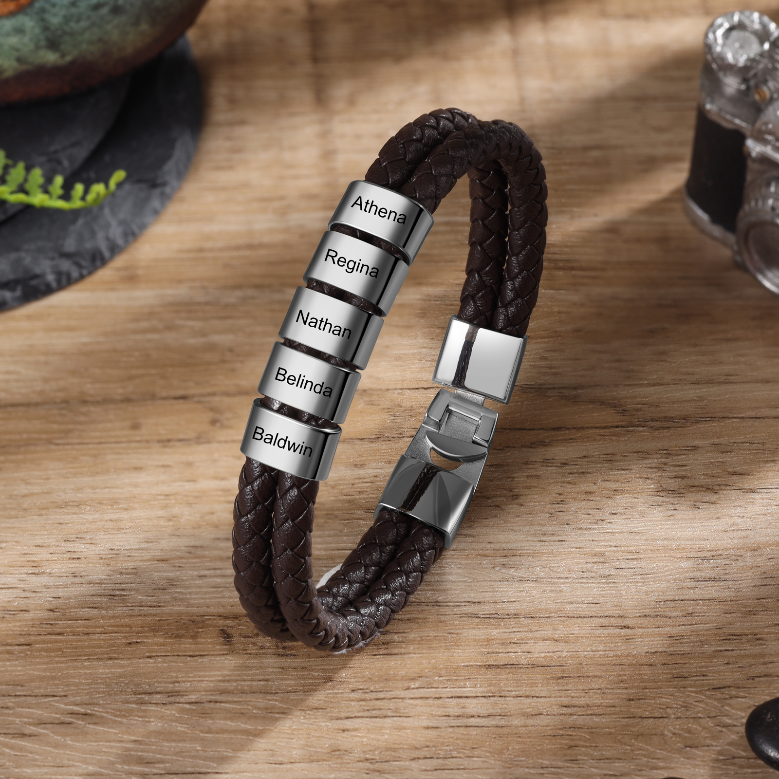 Brown Personalised Double Layered Braided Leather Bracelet Engraved 3 Names Mens Bracelet for Him-Jessemade AU